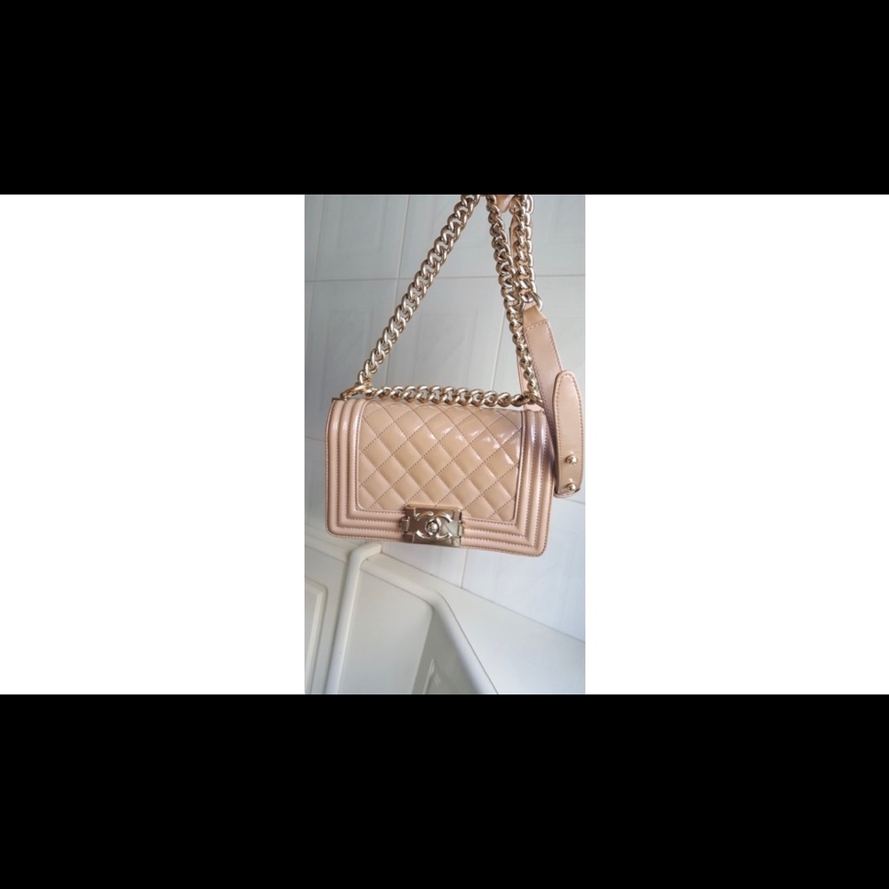 Chanel Boy small in patent nude